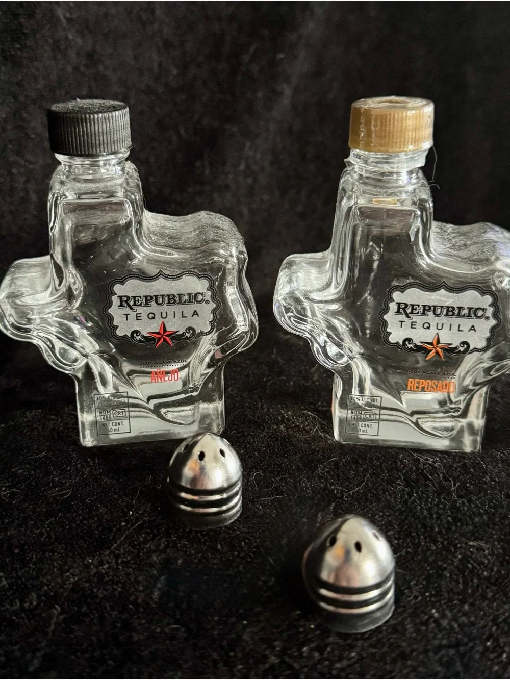 Republic Tequila~Empty Texas Shaped Bottle w/ Original Lid + Salt Pepper Tops